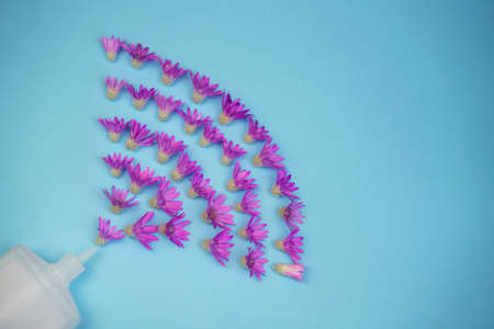 flowers fly out of a tube on a blue background, aromatherapy and cosmetology conceptの写真素材