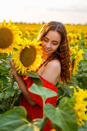 Young woman smiling at sunset in a field of sunflowers. A cute girl of Caucasian appearance in a red dress is happy and free to stand in the evening in the rays. Natural beauty in natureの写真素材