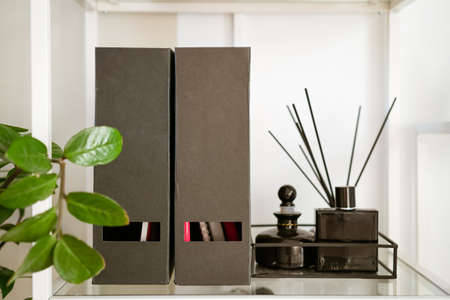 black light file folder and organizer on shelf with scented sticks, business man workplace concept
