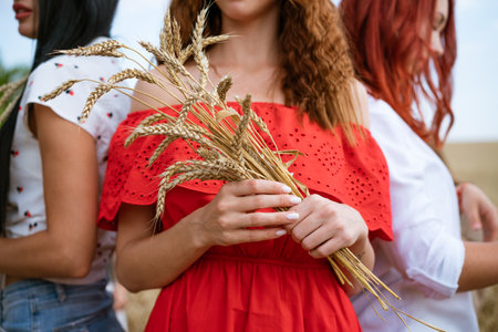 girls hold ears of wheat in their hands close-up,の写真素材
