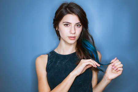 Photo attractive charming lady confident man worker friendly smile good mood isolated blue color backgroundの写真素材