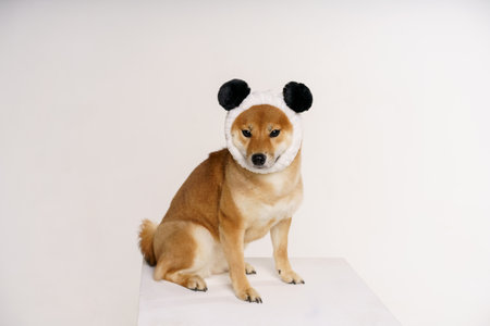 Funny dog shiba inu sits on a light background with a bandage on his head in the form of a panda. Pet posing in studioの写真素材