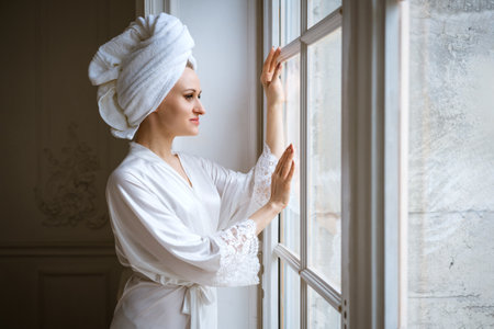 Happy rich young woman wearing bathrobe night in big window in bedroom looking on street Enjoy dream view in modern home hotel, good morning caucasian girl lifestyleの写真素材