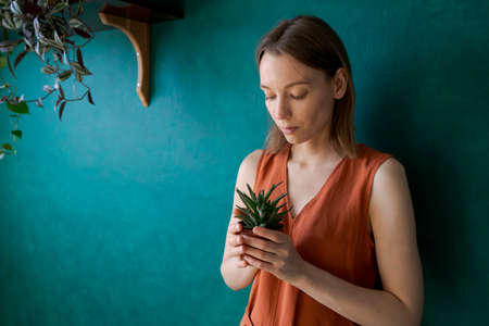 Young beautiful girl in an orange house dress holds pot with small green succulent plant. The concept of home gardening, house plants, hobbies and leisure. Closeの写真素材