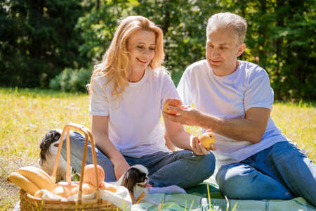 Mature couple lie with their dog in park. An elderly couple is resting in nature with dog. Close-up portrait of an elderly man and woman in white shirts and jeans. Stylish and modern grandparents.の写真素材