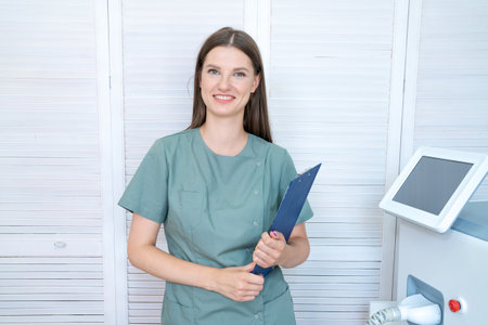 Cosmetologist is standing at laser hair removal machine with folder for recording clients and smiling. Woman in green coat doctor of beauty salon waiting for clientの写真素材