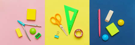 Various stationery for the school on a multicolored background. Back to school and education conceptの写真素材