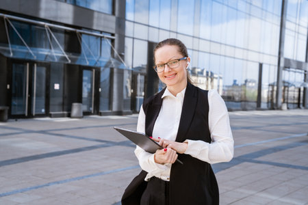 Portrait of successful business woman in stylish suit using laptop posing next to city office building. Confident female CEO smiling. Successful Diverse Business Manager.の写真素材