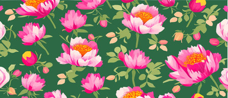 Vector seamless pattern with pink peonies and leaves on a green background. Romantic design for natural cosmetics, perfumes, feminine products. Can be used as a greeting card or wedding backdropのイラスト素材