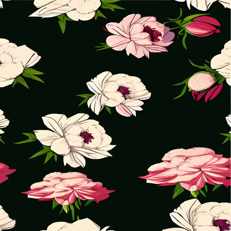 Pink peonies flowers and leaves floral vector seamless pattern spring summer on black background. Decorative vintage beautiful romantic floral illustration wallpaper for Valentines Day or Womens Dayのイラスト素材