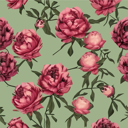 Vector seamless pattern with pink peonies and leaves on a green background. Romantic design for natural cosmetics, perfumes, feminine products. Can be used as a greeting card or wedding backdropのイラスト素材