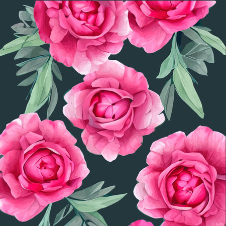 Vector seamless pattern pink peonies and leaves on green background. Romantic design for natural cosmetics perfumes feminine products. Floral background for card for mothers day or valentines dayのイラスト素材