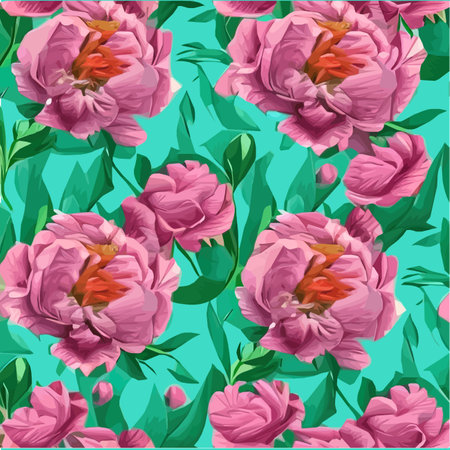 Vector seamless pattern with pink peonies and leaves on green background. Romantic design for natural cosmetics feminine products. Can be used as a greeting card for Mothers Day or Valentines Dayのイラスト素材