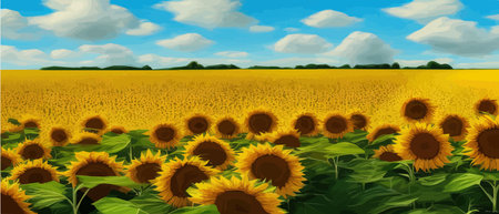 Sunflower blossom farm overlooking blue sky summer season landscape banner, cut and craft style, organic plants, nature, outdoor flower, agricultural field vector illustration in EPS10のイラスト素材