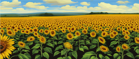 Sunflower blossom farm overlooking blue sky summer season landscape banner, cut and craft style, organic plants, nature, outdoor flower, agricultural field vector illustration in EPS10のイラスト素材