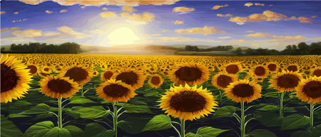 Sunflower blossom farm overlooking blue sky summer season landscape banner, cut and craft style, organic plants, nature, outdoor flower, agricultural field vector illustration in EPS10のイラスト素材