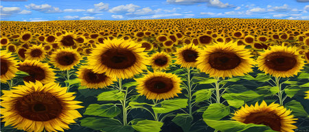 Sunflower blossom farm overlooking blue sky summer season landscape banner, cut and craft style, organic plants, nature, outdoor flower, agricultural field vector illustration in EPS10のイラスト素材