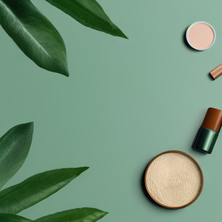 White round template podium mockup for natural organic cosmetic product presentation ad concept on green eco forest fresh leaves nature flat lay background, trendy stylish minimalist mock upの写真素材