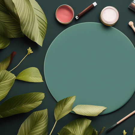 Shooting for make-up, natural cosmetics Close-up mockup with green leaves. Organic cosmetic concept poster. Mock up copy spaceの写真素材