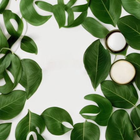 White cream jar overlooking top with decorative green foliage. Skin care product organic cosmetics with natural ingredients on background with green plant sprigs. Eco friendly beauty industry conceptの写真素材