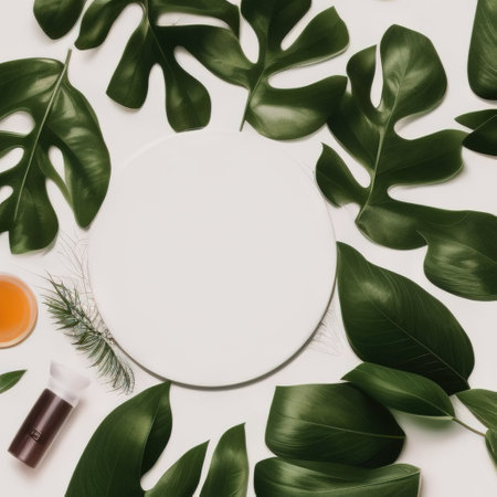 White round template podium mockup for natural organic cosmetic product presentation ad concept on green eco forest fresh leaves nature flat lay background, trendy stylish minimalist mock upの写真素材