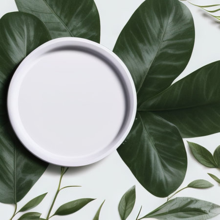 White round template podium mockup for natural organic cosmetic product presentation advertising concept on green eco forest forest fresh leaves Nature flat background, trendy stylish minimalistの写真素材