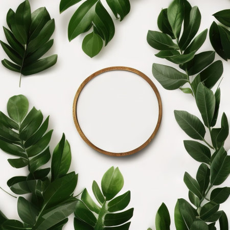 White round template podium mockup for natural organic cosmetic product presentation advertising concept on green eco forest forest fresh leaves Nature flat background, trendy stylish minimalistの写真素材