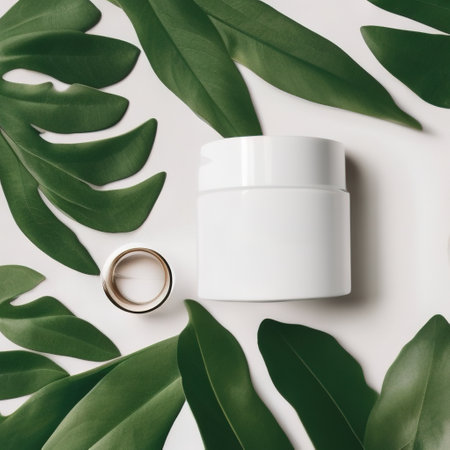 White cream jar overlooking top with decorative green foliage. Skin care product organic cosmetics with natural ingredients on background with green plant sprigs. Eco friendly beauty industry conceptの写真素材