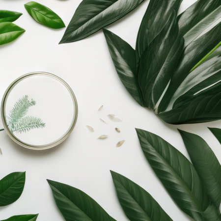 White round template podium mockup for natural organic cosmetic product presentation ad concept on green eco forest fresh leaves nature flat lay background, trendy stylish minimalist mock upの写真素材