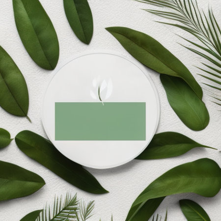 White template podium mockup for natural organic cosmetic product presentation advertising concept on green eco forest forest fresh leaves Nature flat background, trendy stylish minimalistの写真素材