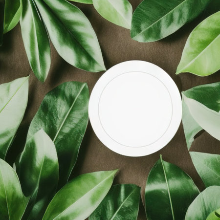 White round template podium mockup for natural organic cosmetic product presentation advertising concept on green eco forest forest fresh leaves Nature flat background, trendy stylish minimalistの写真素材