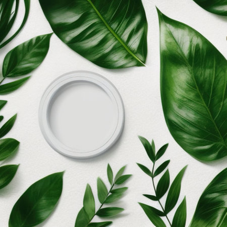 White round template podium mockup for natural organic cosmetic product presentation advertising concept on green eco forest forest fresh leaves Nature flat background, trendy stylish minimalistの写真素材