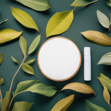 White round template podium mockup for natural organic cosmetic product presentation advertising concept on green eco forest forest fresh leaves Nature flat background, trendy stylish minimalistの写真素材