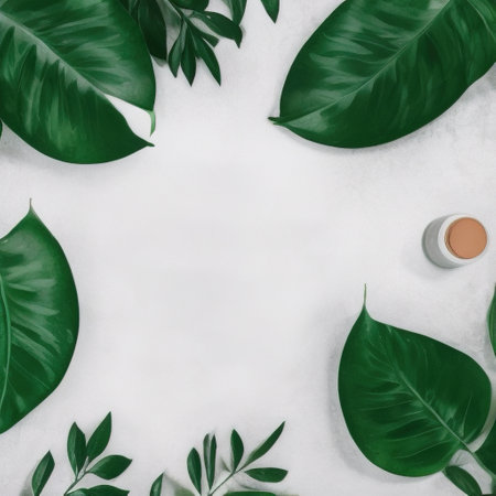 Round frame with green branches leaves isolated on white background. Lay flat, top view illustrationの写真素材