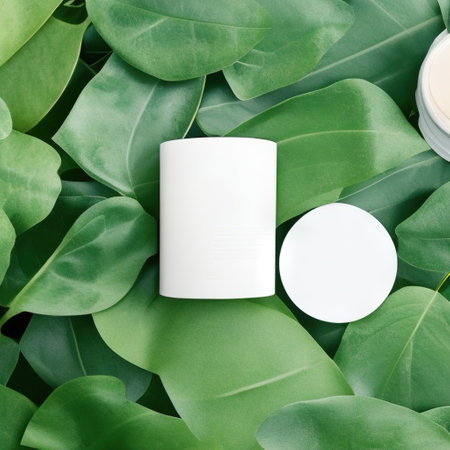 Shooting for make-up, natural cosmetics Close-up mockup with green leaves. Organic cosmetic concept poster. Mock up copy spaceの写真素材