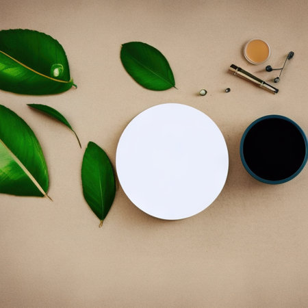 White round template podium mockup for natural organic cosmetic product presentation advertising concept on green eco forest forest fresh leaves Nature flat background, trendy stylish minimalistの写真素材