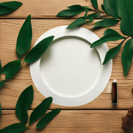 White round template podium mockup for natural organic cosmetic product presentation ad concept on green eco forest fresh leaves nature flat lay background, trendy stylish minimalist mock upの写真素材