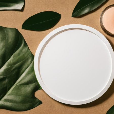 White round template podium mockup for natural organic cosmetic product presentation ad concept on green eco forest fresh leaves nature flat lay background, trendy stylish minimalist mock upの写真素材