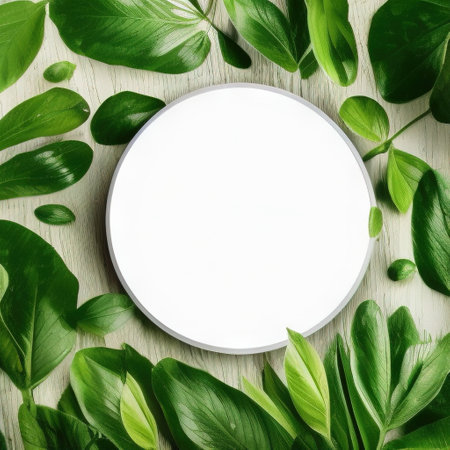 White round template podium mockup for natural organic cosmetic product presentation ad concept on green eco forest fresh leaves nature flat lay background, trendy stylish minimalist mock upの写真素材