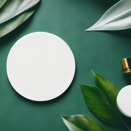 White round template podium mockup for natural organic cosmetic product presentation ad concept on green eco forest fresh leaves nature flat lay background, trendy stylish minimalist mock upの写真素材