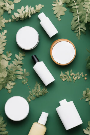 White cream jar overlooking top with decorative green foliage. Skin care product organic cosmetics with natural ingredients on background with green plant sprigs. Eco friendly beauty industry conceptの写真素材