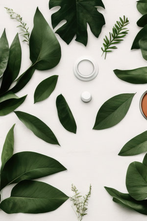 Green leaves on a white background. Natural, organic beauty products. Medicinal plant. Natural serums. Flat, top view.の写真素材