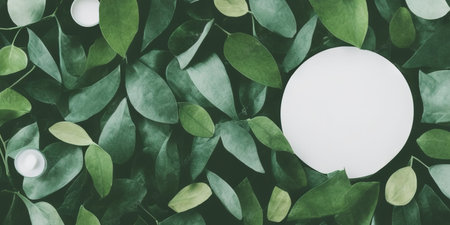 White round template podium mockup for natural organic cosmetic product presentation advertising concept on green eco forest forest fresh leaves Nature flat background, trendy stylish minimalistの写真素材