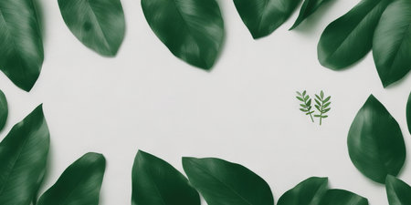 Round frame with green branches leaves isolated on white background. Lay flat, top view illustrationの写真素材