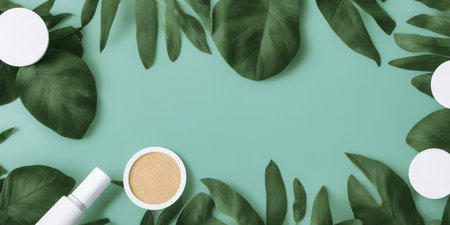 Shooting for make-up, natural cosmetics Close-up mockup with green leaves. Organic cosmetic concept poster. Mock up copy spaceの写真素材