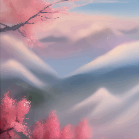 Landscape with cherry blossom branch misty mountains in clouds. Traditional oriental painting, spring landscape of sakura, beautiful vector illustration as a wallpaper in gentle colorsのイラスト素材