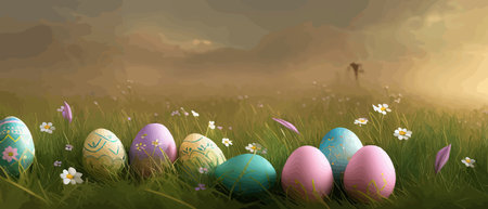 Painted egg laying in spring grass and flowers, easter border, banner flat vector illustration. Easter decoration element with painted eggs and springのイラスト素材