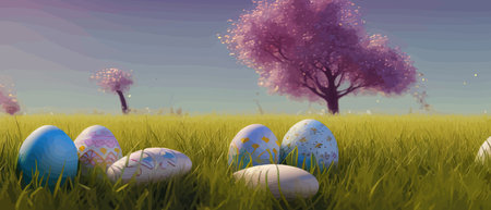 Easter theme with beautiful eggs in grass banner vector illustration as spring background. Happy...