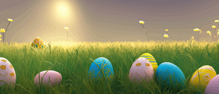 Painted egg laying in spring grass and flowers, easter border, banner flat vector illustration. Easter decoration element with painted eggs and springのイラスト素材