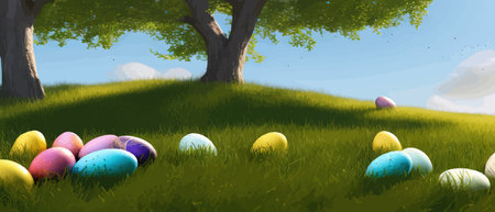 Painted egg laying in spring grass and flowers, easter border, banner flat vector illustration. Easter decoration element with painted eggs and springのイラスト素材